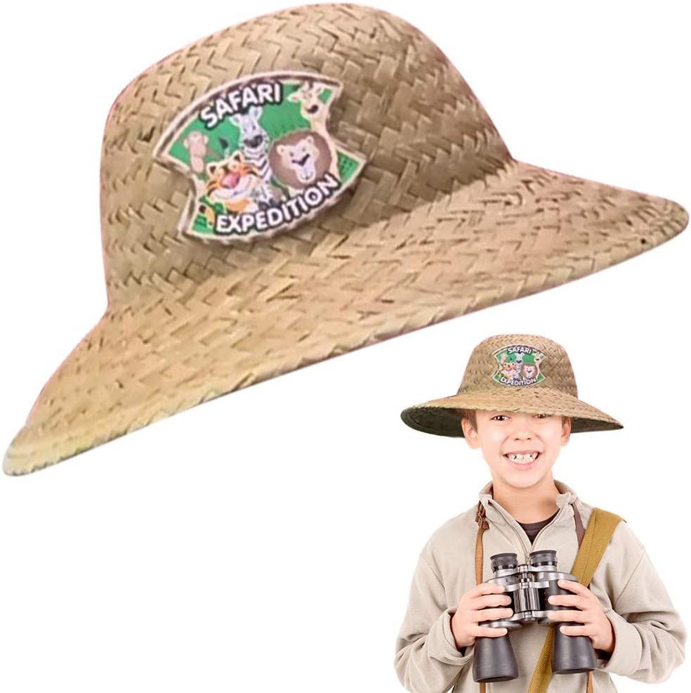 Straw Safari Hat for Kids, 1PC, Child Size Explorer Hat with Safari Expedition Logo, Adventurer and Farmer Costume Prop for Halloween, Fun Dress-Up Accessories, Explorer Gifts…