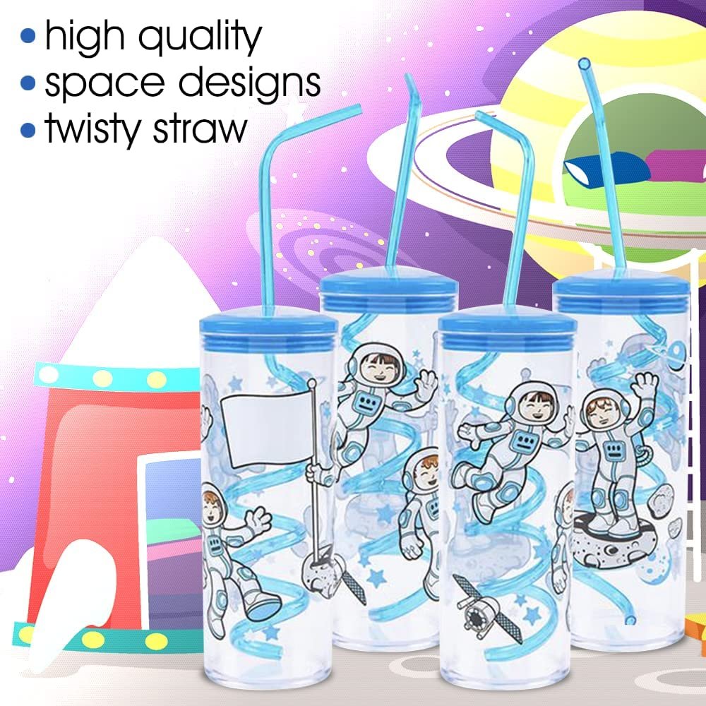 Space Cups with Twisty Straws, Set of 4, Outer Space Party Favors and Space Party Decorations, Galaxy Party Supplies for Boys and Girls, 11 Ounce Plastic Cups with an Adorable Print