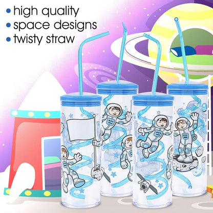 ArtCreativity Space Cups with Twisty Straws, Set of 4, Outer Space Party Favors and Space Party Decorations, Galaxy Party Supplies for Boys and Girls, 11 Ounce Plastic Cups with an Adorable Print