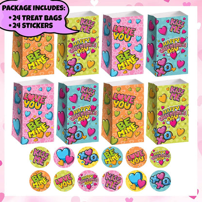 ArtCreativity Valentines Day Treat Bags, Set of 24 Paper Bags and 24 Stickers, 10 Inch Valentines Candy Bags with Sealing Stickers, Valentine Goodie Bags for Sweets, Toys, Gifts, and More