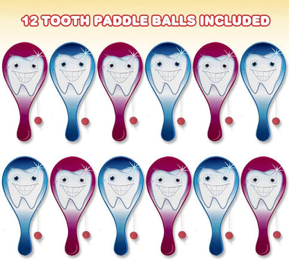 ArtCreativity Tooth Paddle Balls, Pack of 12, 9.5 Inch Wooden Paddleball with String, Assorted Bright Colors, Great Party Favors, Goodie Bag Fillers, Fun Activity Toys for Kids, Dental Toys Giveaways
