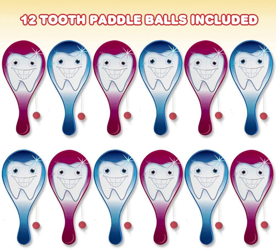 Tooth Paddle Balls, Pack of 12, 9.5" Wooden Paddleball with String, Assorted Bright Colors, Great Party Favors, Goodie Bag Fillers, Fun Activity Toys for Kids, Dental Toys Giveaways
