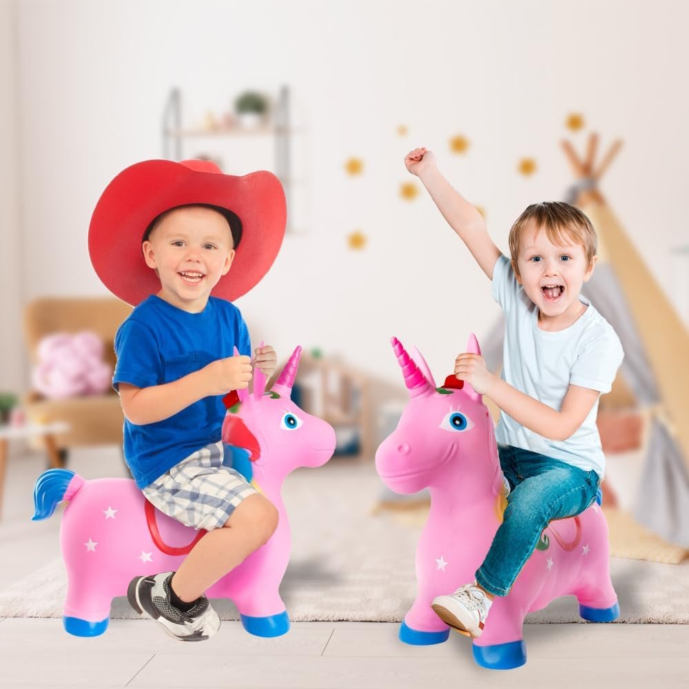 Bouncy Pony Hopper with Music, Ride on Rubber Horse for Active Indoor and Outdoor Play, Inflatable Horse Toy for Kids (Pump Included)