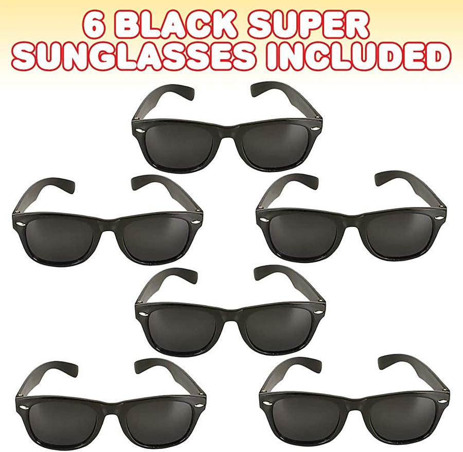 Black Super Sunglasses for Kids - Set of 6 Shades - Cool Birthday and Pool Party Favors for Boys and Girls, Photo Booth Props for Weddings, Parties