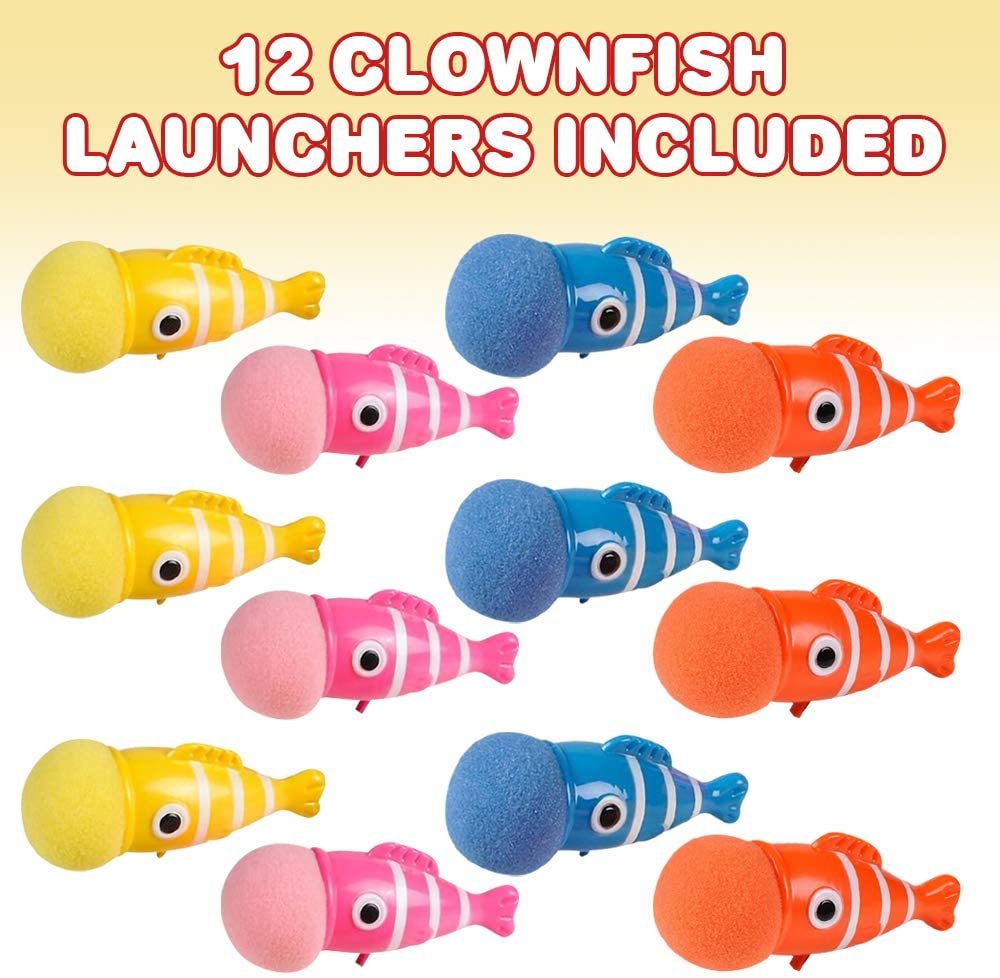 ArtCreativity Clownfish Launchers, Pack of 12, 6 Inch Foam Ball Launchers in Assorted Colors, Squeeze & Pop Game, Birthday Party Favors for Kids, Goodie Bag Fillers, Carnival Prize