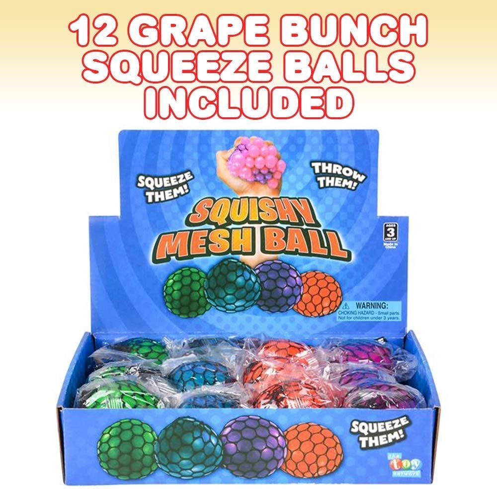 Mesh Grape Squeeze Balls for Kids, Set of 12, Squeeze Toys in Assorted Colors for Anxiety Relief & ADHD, Fun Birthday Party Favors, Goodie Bag Fillers, Treasure Box Prizes for Classroom