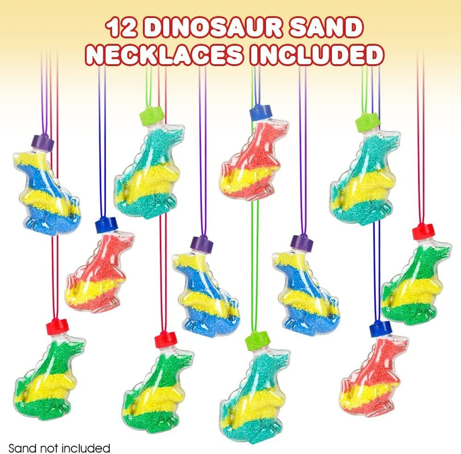 Sand Art Dinosaur Bottle Necklaces, Pack of 12, Sand Art Craft Kit with Dinosaur Shaped Bottles, Craft Party Supplies and Party Favors for Kids - Sand Sold Separately