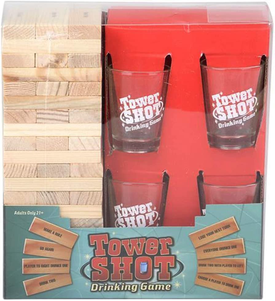 Game Night Tipsy Tower Drinking Game Adult Party Game Set with 54 Stacking  Wooden Blocks & 4 Durable Lead-Free Shot Glasses Great Gift Idea for 21st  Birthday,Brown,10 in x 9 in x 3 in: Shot Glasses 