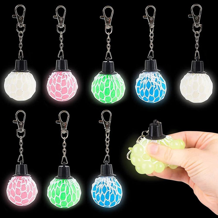 Glowing Mesh Squeeze Ball Keychains for Kids, Set of 8, Key Chains with Squeeze Ball Fidget Toy, Stress Relief Toys for Kids & Adults, Keyholder Birthday Party Favors, Goodie Bag Fillers