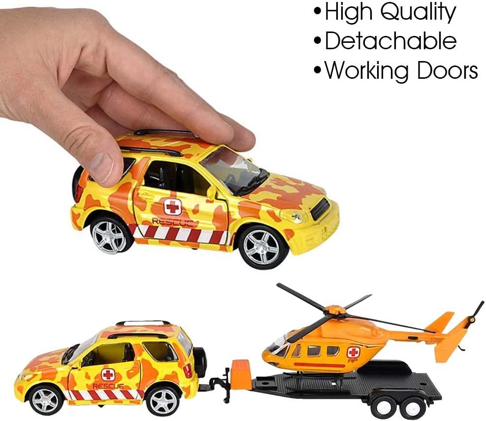SUV Toy Car with Trailer and Helicopter Playset for Kids, Interactive Safari Play Set with Detachable Helicopter and Opening Doors on 4 x 4 Toy Truck, Best Birthday Gift for Boys & Girls