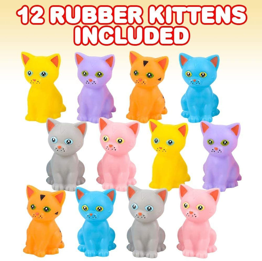 3" Rubber Kittens, Pack of 12, Cute Floating Bathtub and Pool Toys in Assorted Colors, Fun Decorations, Carnival Supplies, Party Favors and Small Prizes for Kids