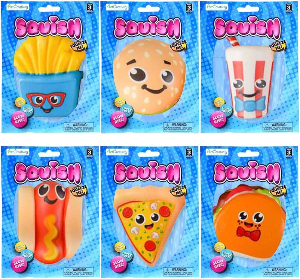 Fast Food Squeeze Toys for Kids, Set of 6, Super Soft Slow Rising Stress Relief Toys in 6 Cute Designs, Squeezable Birthday Party Favors and Goodie Bag Fillers