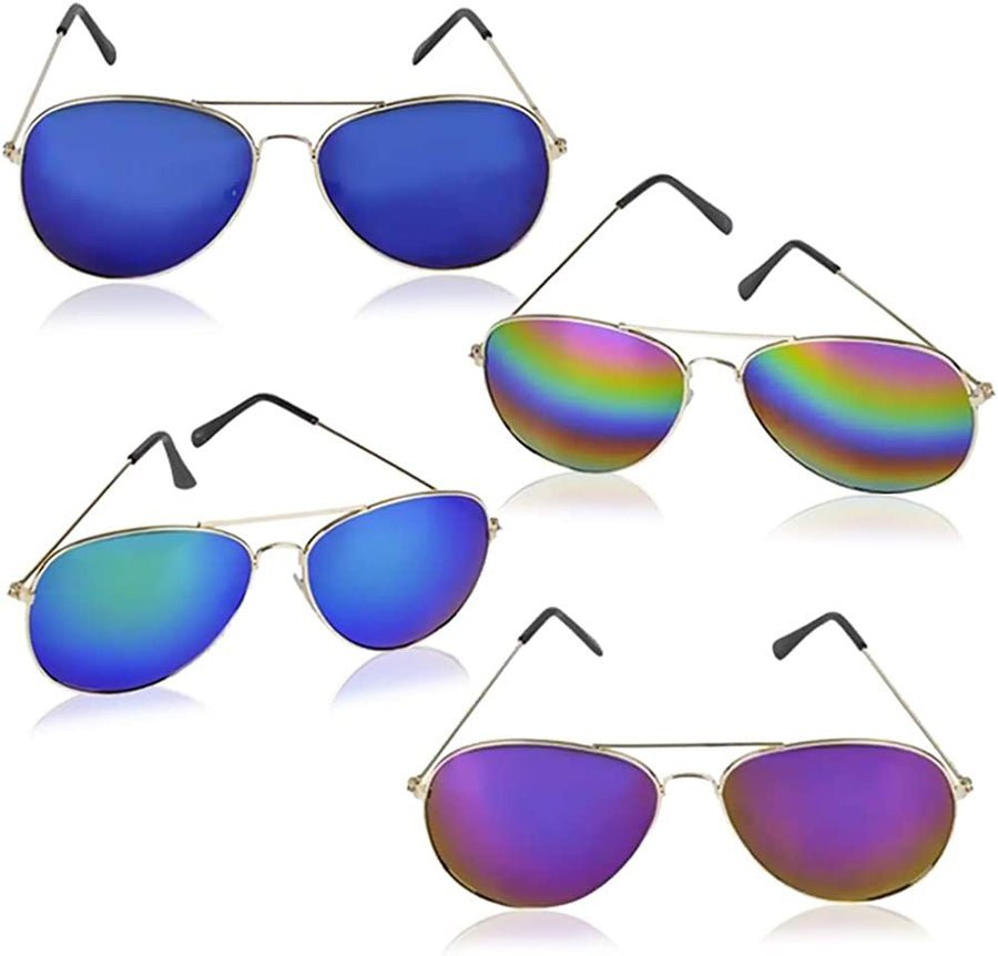 Rainbow Lens Aviator Sunglasses, Set of 4, Bright Assorted Colors with Gold Frame, Fun Fashionable Party Favors for Kids, Great Gift Idea for Boys and Girls