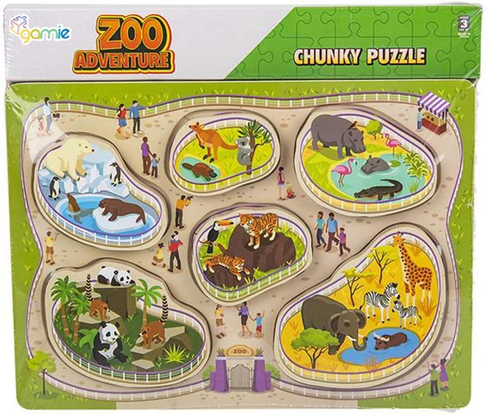 Gamie 6-Piece Build a Zoo Puzzle for Kids, Wooden Animal Puzzle for Boys and Girls with Chunky Pieces, Wood Educational Learning Toys, Best Stem Activities for Children