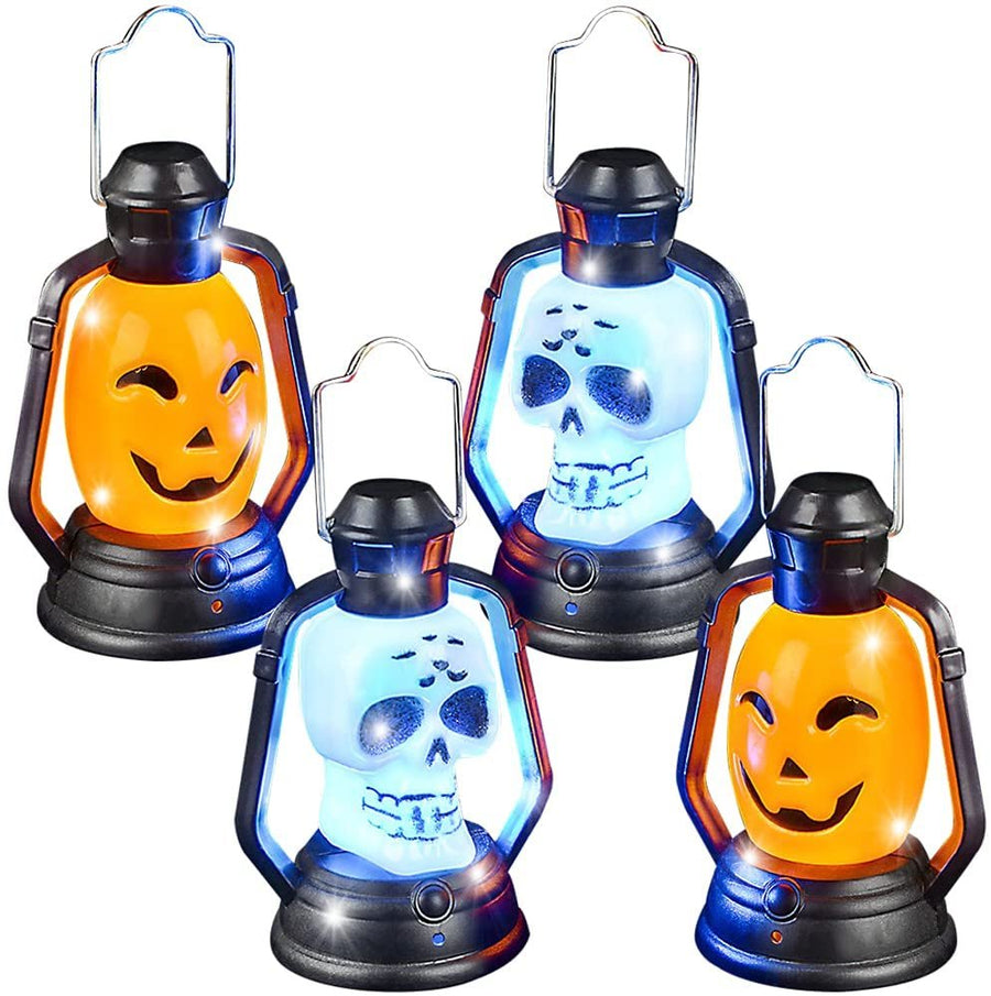 Halloween Mini Flashing Lanterns, Set of 4, Battery-Operated Skull and Pumpkin Lanterns, Indoor Halloween Decorations, Spooky Lamps with Metal Hanging Loop