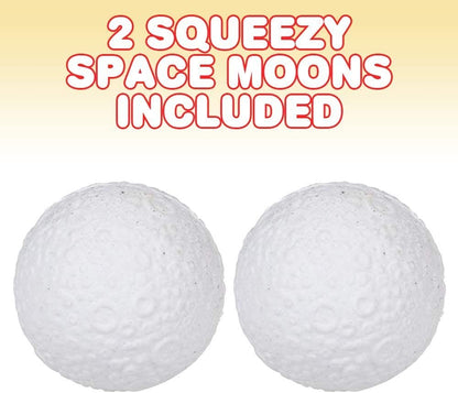 ArtCreativity Squish Moons, Set of 2, Slow Rising Squeezy Space Themed Stress Relief Toys for Kids, 2.5 Inches Squeezable Outer Space NASA Party Favors and Desk Decorations