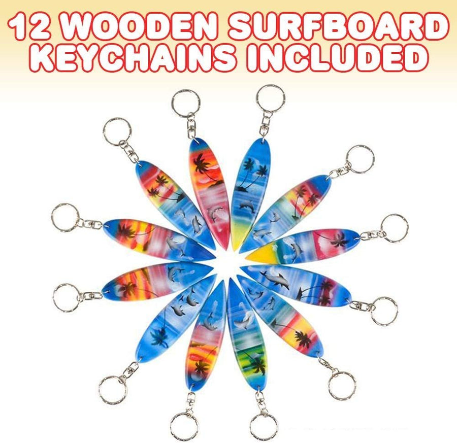 Wooden Surfboard Keychains, Set of 12, Fun Key Chains for Backpack, Purse, Luggage, Great Giveaways for Birthday, Luau, Beach, and Pool Parties, Cool Goodie Bag Fillers for Kids