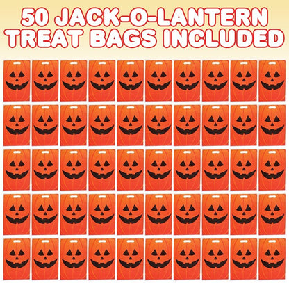 ArtCreativity Jack-O-Lantern Trick or Treat Bags, Set of 50, Durable Plastic Bags for Candy, Treats, & Gifts, Halloween Party Favor Goodie Bags for Kids, 17 x 11.25 Inches