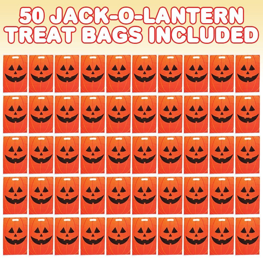 Jack-O-Lantern Trick or Treat Bags, Set of 50, Durable Plastic Bags for Candy, Treats, & Gifts, Halloween Party Favor Goodie Bags for Kids, 17 x 11.25"es