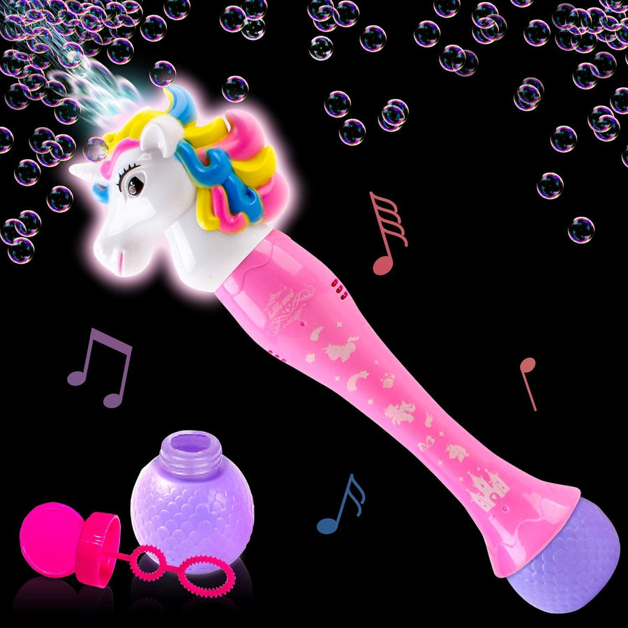 Light Up Unicorn Bubble Blower Wand, 14" Illuminating Bubble Blower Wand with Thrilling LED & Sound Effects for Kids, Bubble Fluid & Batteries Included, Great Gift Idea, Party Favor