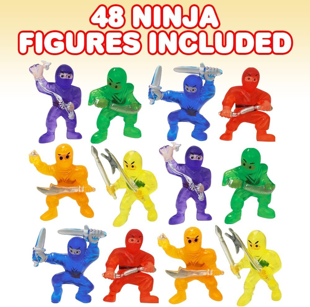 Mini Ninja Figurines, Pack of 48, Assorted Colors Plastic Action Figures Playset, Little Ninja Warriors in Assorted Poses, Cool Cupcake Topper, Goodie Bag Fillers & Party Favors for Kids