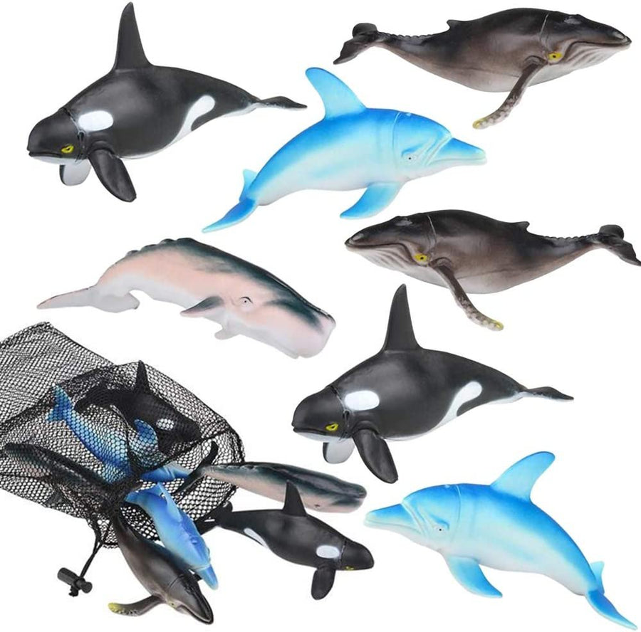 Dolphins & Whales in Mesh Bag, Pack of 6 Sea Creature Figurines in Assorted Designs, Bath Water Toys for Kids, Ocean Life Party Décor, Party Favors for Boys and Girls