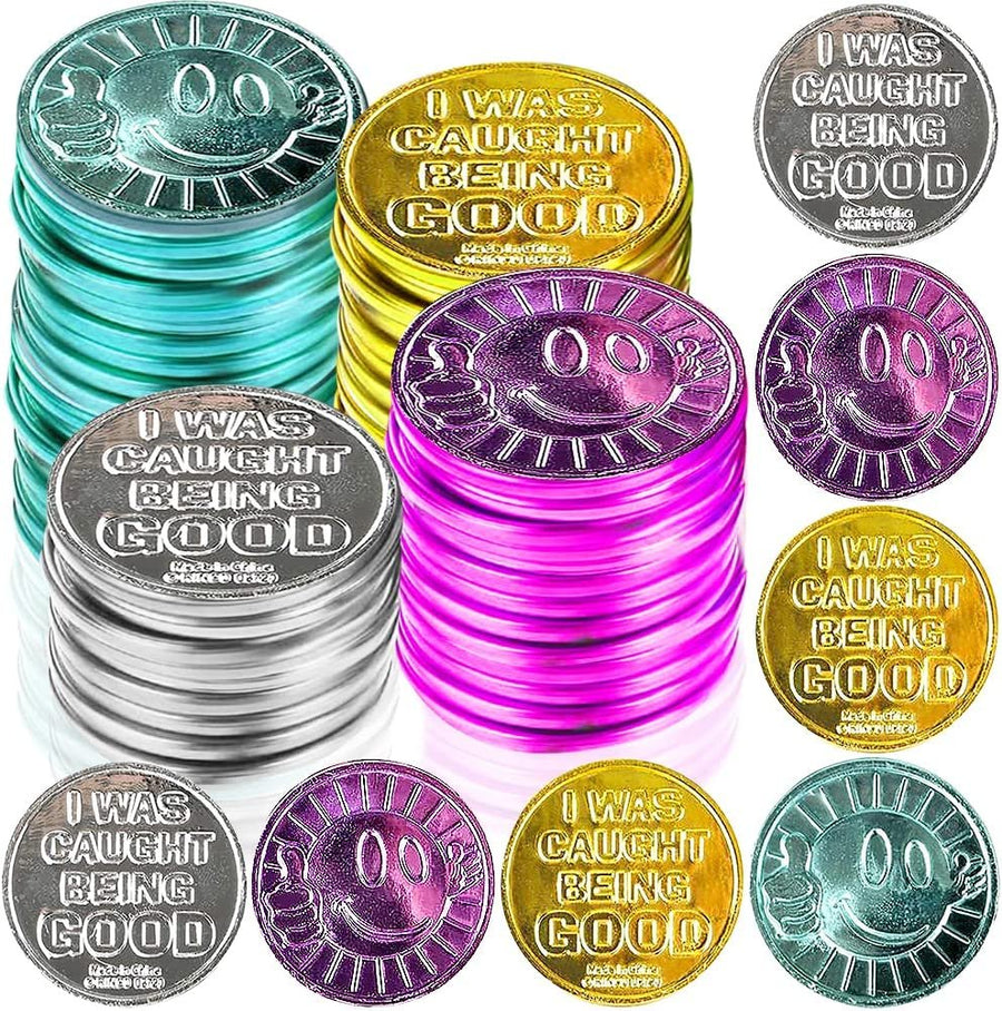 Colorful Coin Collection - Pack of 144 – ‘I was Caught Being Good’ Coins, Tokens for Kids Behavior - Smile Face Fake Money Coins, Ideal School Reward and Prize from Mom to Kids Ages 3+