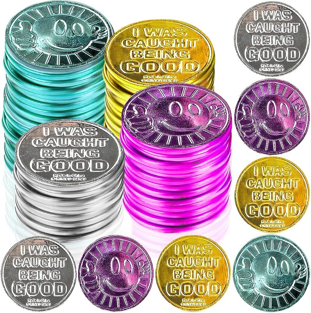 Colorful Coin Collection - Pack of 144 – ‘I was Caught Being Good’ Coins, Tokens for Kids Behavior - Smile Face Fake Money Coins, Ideal School Reward and Prize from Mom to Kids Ages 3+