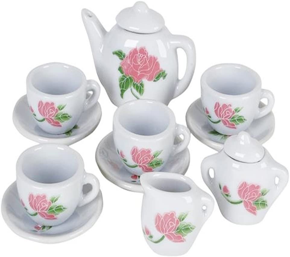 ArtCreativity Rose Flower Ceramic Doll Tea Set - 13 Pieces - Includes Cups and Plates - Tea Set for Pretend Tea Party - Fun Doll Dramatic Play Tool - Perfect Play Prize for Little Girls Ages 8+