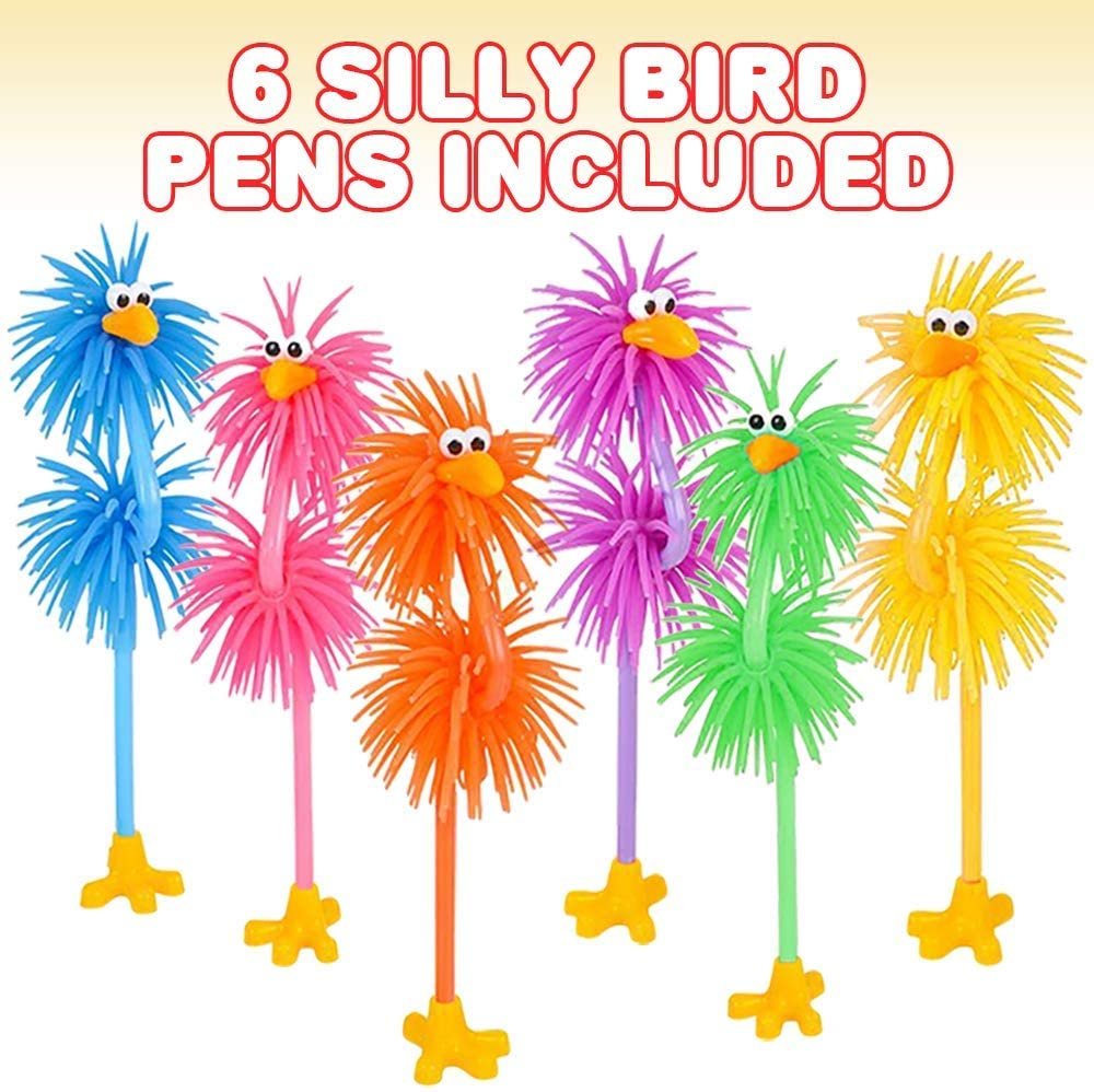 Silly Rubber Bird Pens, Set of 6, Cute School Supplies for Kids, Fidget Pens w/Black Ink, Prizes for Kids’ Classroom, Animal Party Favors, Gifts for Students from Teachers