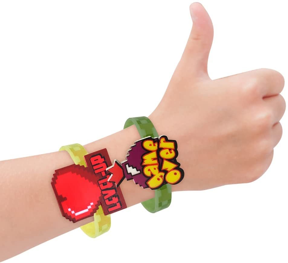 Power Up Rubber Bracelets for Kids, Set of 12, Colorful Stretchy Rubber Wristbands with Classic Video Game Icons, Fun Birthday Party Favors, Goodie Bag Fillers, Carnival Prize