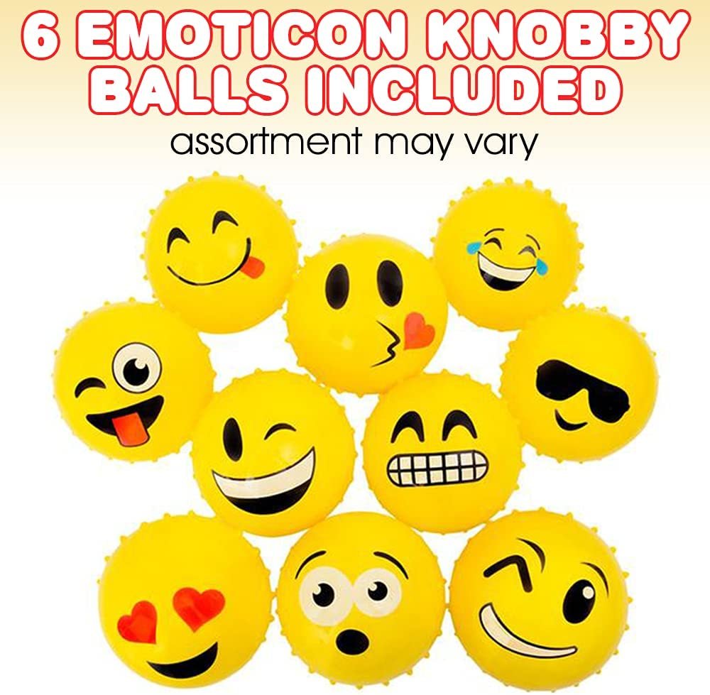 Emoticon Knobby Balls, Set of 6, Fidget Sensory Toys for Kids, 4" Spiky Sensory Balls in Assorted Designs, Birthday Party Favors, Treasure Box Prizes – Sold Deflated