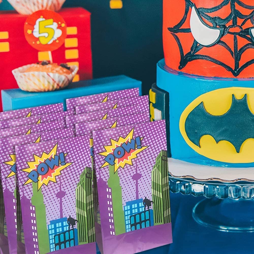 Superhero Party Favor Bags, Pack of 12, Super Hero Goodie Gift Paper Bags, Durable Treat Bags, Party Supplies and Favors for Birthday, Baby Shower, Holiday Goodies