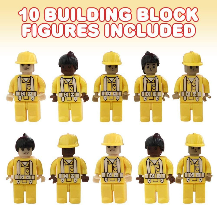 Building Block Workers, Set of 10, Mini Plastic People with Interchangeable Accessories, Construction Birthday Party Favors and Supplies, Unique Cake Toppers and Goodie Bag Fillers