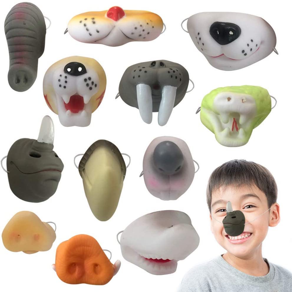 Assorted Animal Noses for Kids, Set of 12, Includes Elephant, Rhino, Pig, Alligator and More, Zoo and Safari Birthday Party Supplies, Fun Favors and Goodie Bag Fillers for Children