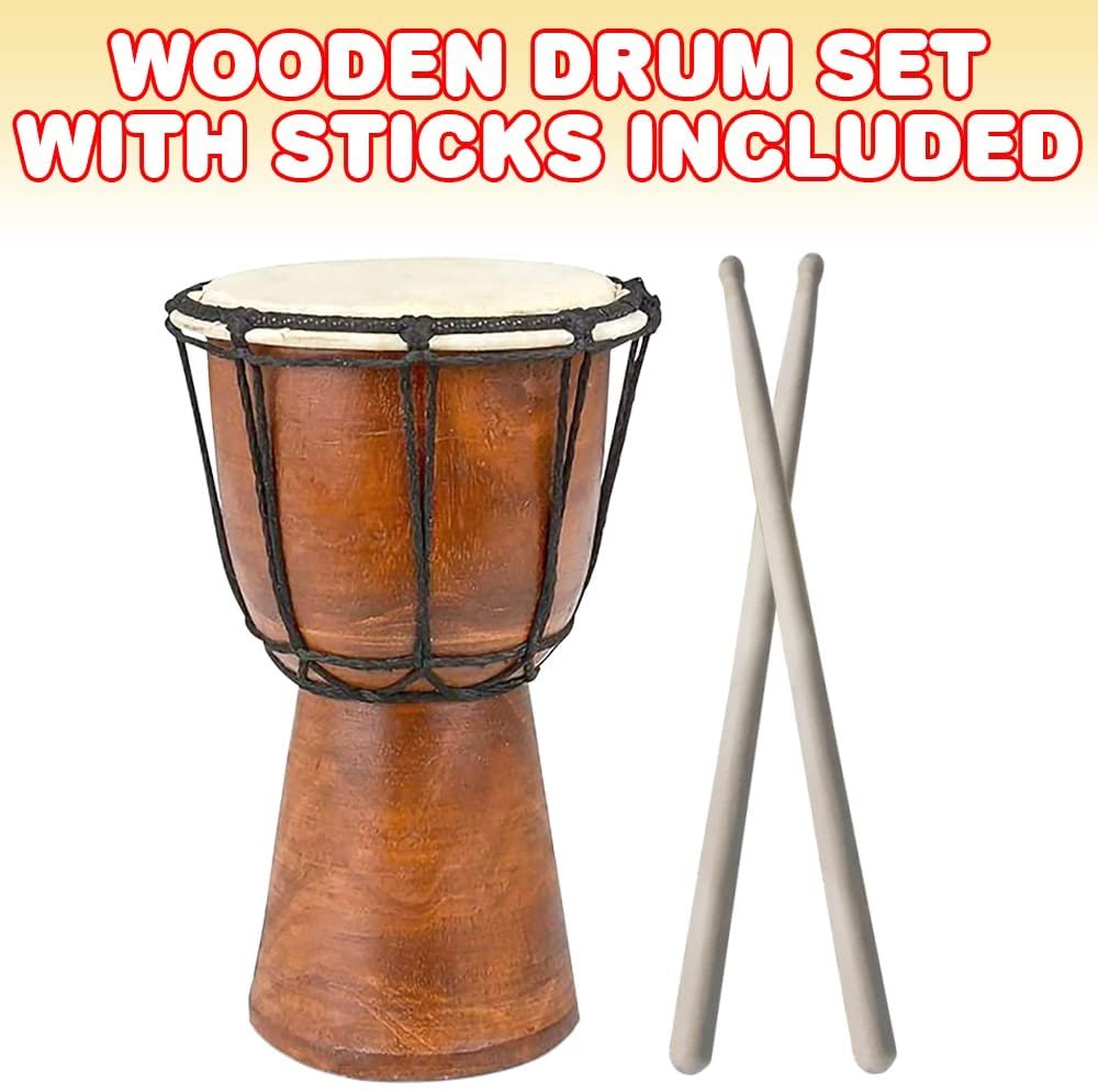 16" Wooden Drum Set with Sticks, Rustic Brown Wood and Authentic Design, Fun Musical Instrument for Kids, Great Gift Idea for Boys and Girls