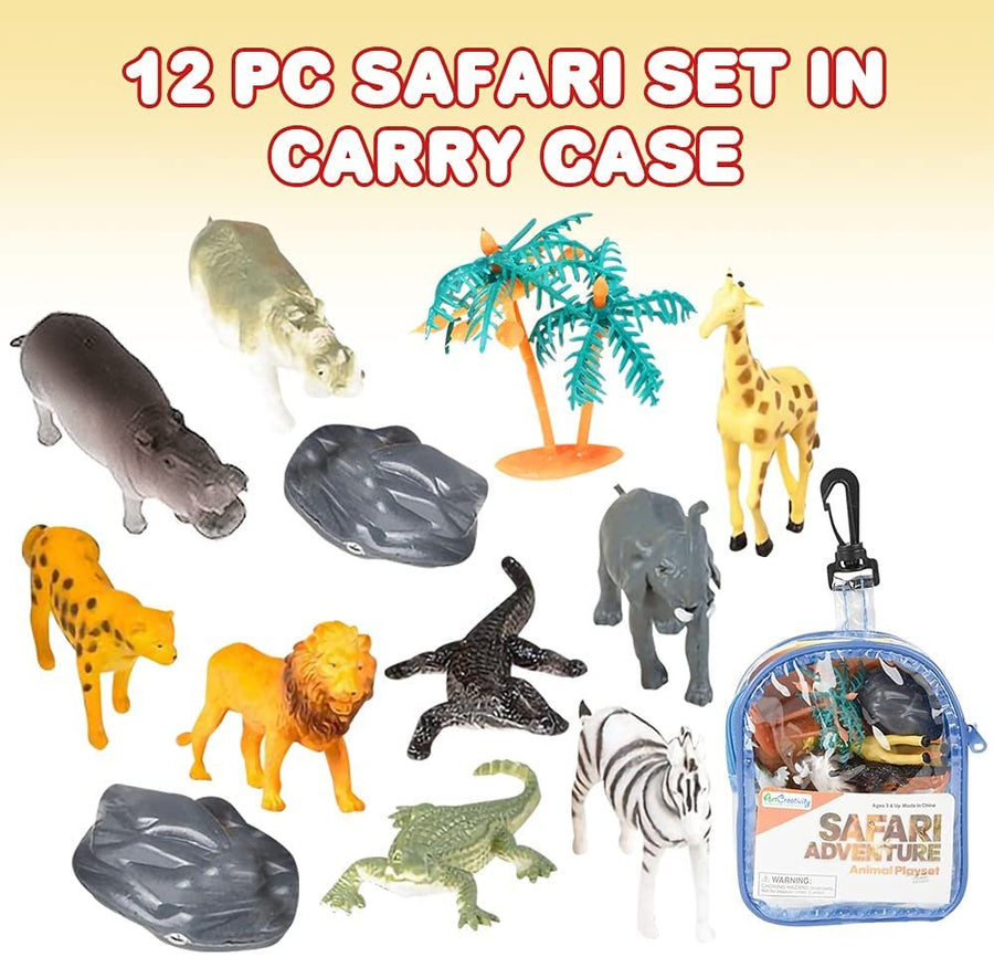 Safari Playset in Carry Bag, Set of 12, Assorted Small Animal Figures, Sturdy Plastic Toys, Fun Zoo Theme Birthday Party Favors, Great Gift Idea for Boys and Girls