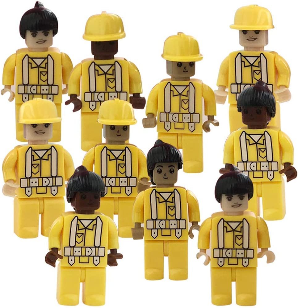 Building Block Workers, Set of 10, Mini Plastic People with Interchangeable Accessories, Construction Birthday Party Favors and Supplies, Unique Cake Toppers and Goodie Bag Fillers