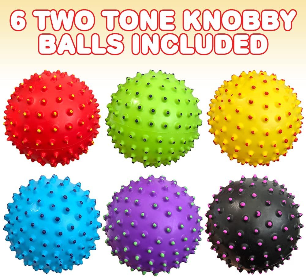 Two-Tone Knobby Balls, Set of 6, Fidget Sensory Toys for Kids, 4" Spiky Sensory Balls in Assorted Colors, Birthday Party Favors, Treasure Box Prizes – Sold Deflated