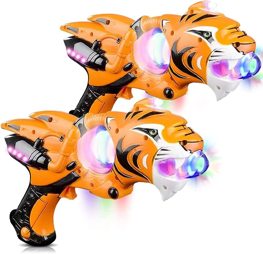 Light Up Spinner Tiger Blaster by - Set of 2 - Spinning LED and Cool Sound Effects, 11.5" Toy Guns for Kids, Batteries Included, Great Gift Idea for Boys, Girls - Orange