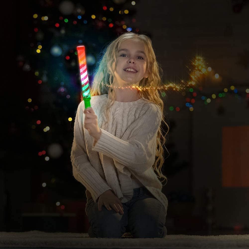 Light Up Candy Cane Stripe Wands, Set of 2, 12.25" Flashing LED Wands for Kids with Batteries Included, Thrilling Light Show, Fun Gift, Holiday Stocking Stuffer for Boys and Girls