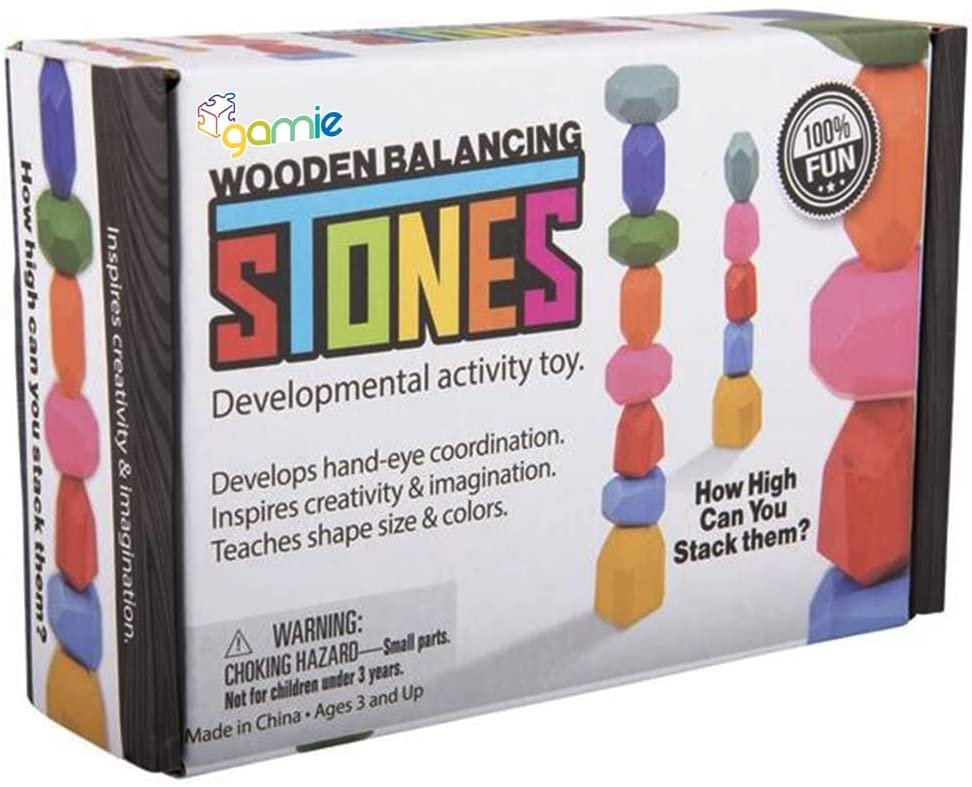 Gamie Wooden Balancing Stones, Set of 10, Colorful Wooden Stacking Toys for Kids, Teach Patience, Hand Eye Coordination, Colors, and Shapes with Wood Stacking Rocks