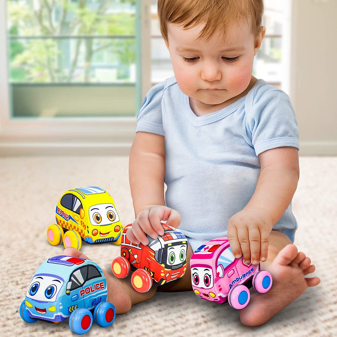Pullback Plush Car Set, Set of 4, Soft-Sided Stuffed Cars with Pullback Mechanism, Cute and Colorful for Babies and Toddlers, Best Birthday Gift for Little Boys and Girls
