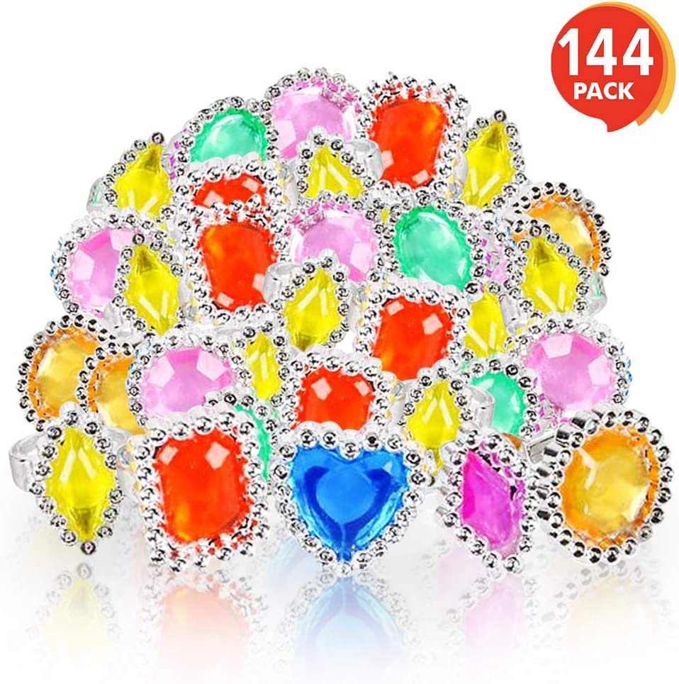 ArtCreativity Plastic Jewel Princess Rings for Kids - 144 Pack - Colorful Birthday Party Favors for Girls - Dress Up Accessories, Goodie Bag Fillers, Cupcake Toppers, Party Table Decoration Idea