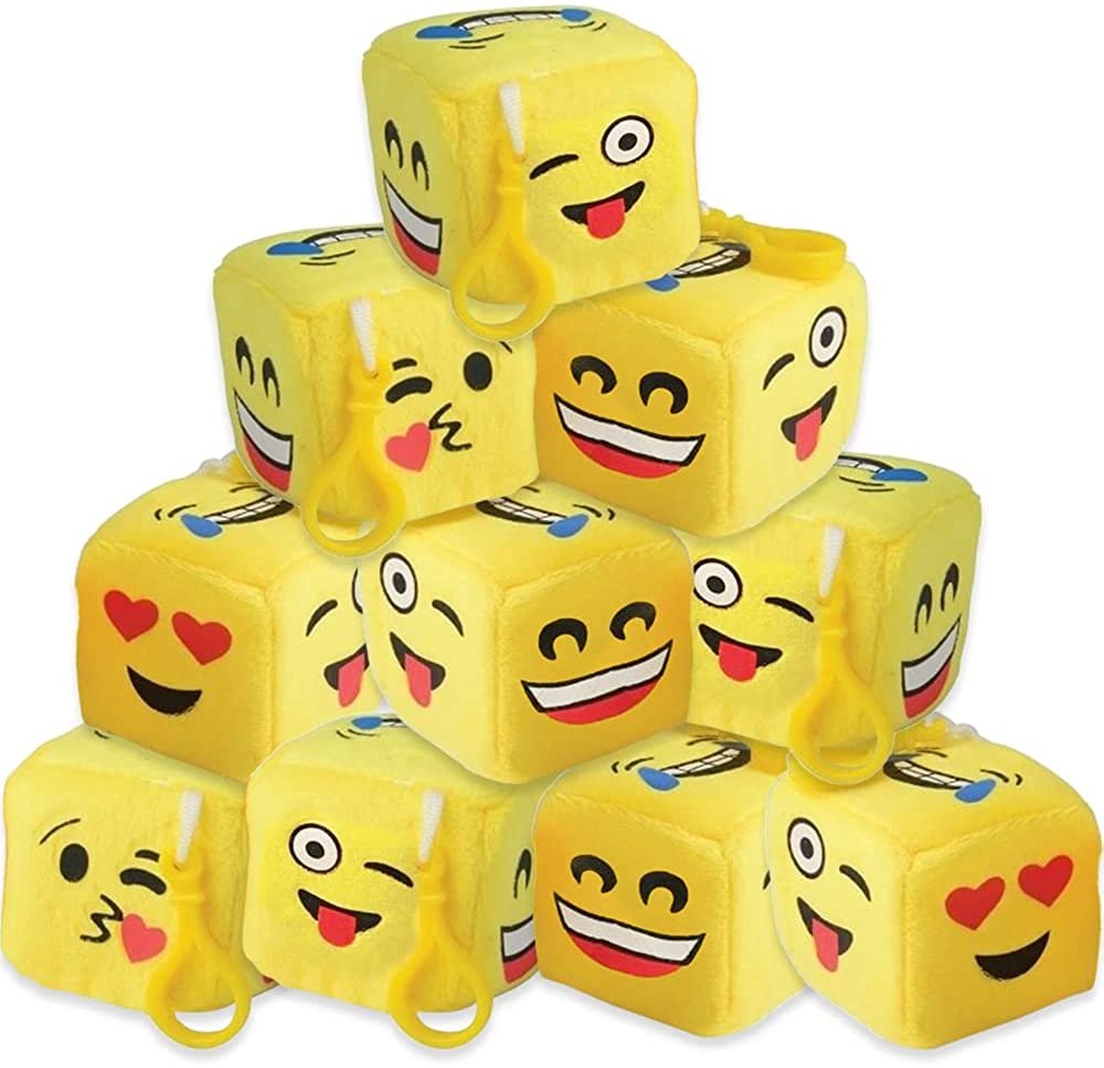 ArtCreativity Plush Emoticon Dice with Clips, Set of 12, Emoticon Keychain Accessories and Backpack Charms for Kids, Emoticon Party Favors for Boys and Girls, Unique Hanging Car Mirror Decorations
