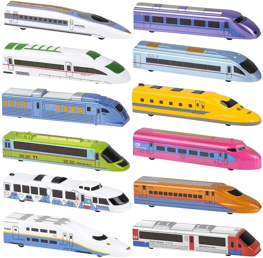 High Speed Pullback Trains for Kids, Set of 12, Kids Train Set with Pull Back Action in Assorted Colors, Train Party Decorations, Birthday Party Favors and Goody Bag Fillers for Children