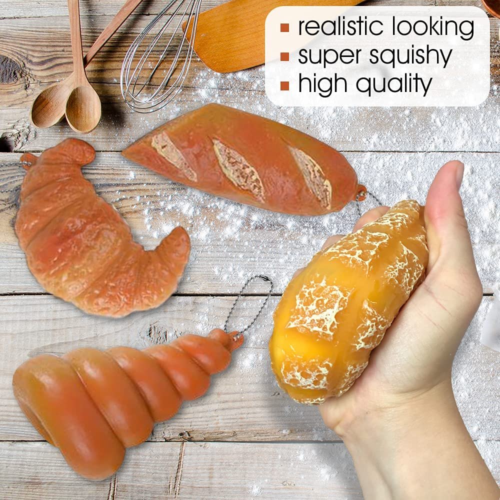 Squeeze Pastry Toys, Set of 4, Stress Relief Toys for Kids and Adults with Hanging Chains, Super Squeezy Stress Toys, Keychain Accessories and Party Favors for Boys and Girls