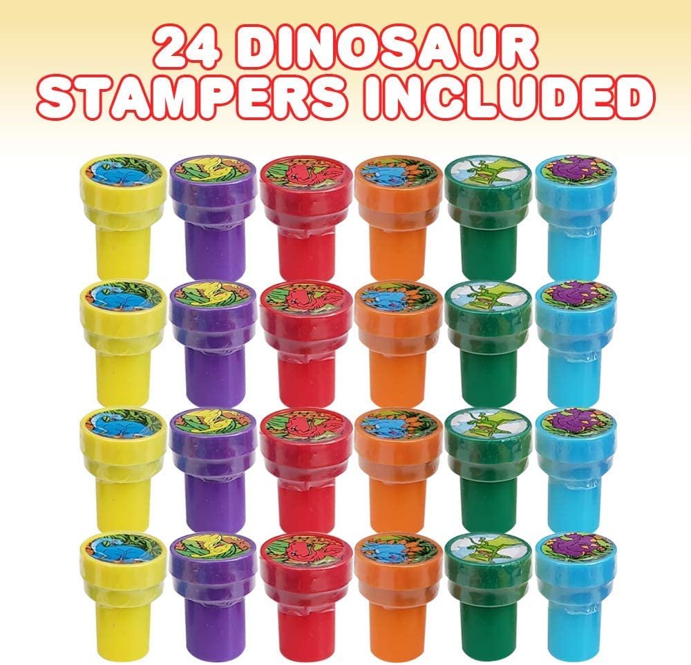 Dinosaur Stampers for Kids, Pack of 24, Pre-Inked Dino Stampers for Children, Dinosaur Birthday Party Supplies and Favors, Piñata Fillers, Arts n Crafts, Assignment Stamps for Teachers