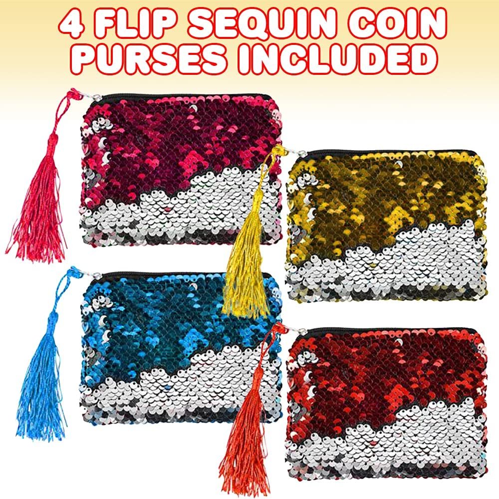 Flip Sequin Coin Purse with Tassel, Set of 4, Colorful Flip Sequin Purses For Girls, Cute Coin Bags For Kids, Birthday Party Favors, Goodie Bag Fillers, Princess Party Supplies