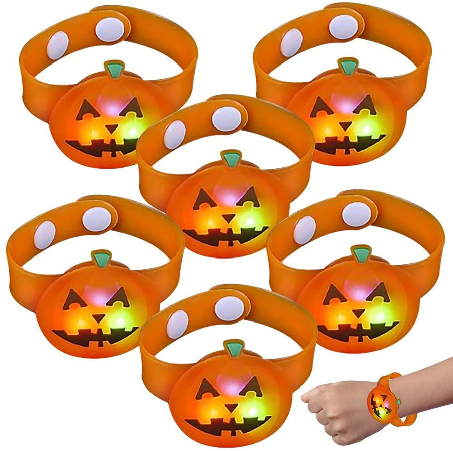 ArtCreativity Light Up Halloween Bracelets, Set of 6, Jack o Lantern Wristbands for Kids with 3 Light-Up Modes, LED Halloween Costume Accessories, Halloween Party Favors and Non-Candy Treats